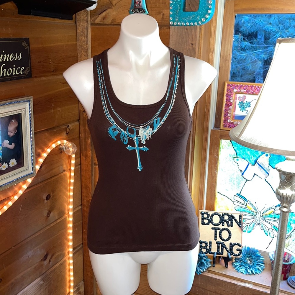 Western tank top CROSS GUN SADDLE turquoise brown